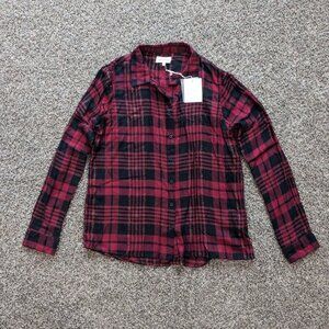 NWT Thread And Supply Button Down Plaid Shirt Size Medium Red Black and Gold
